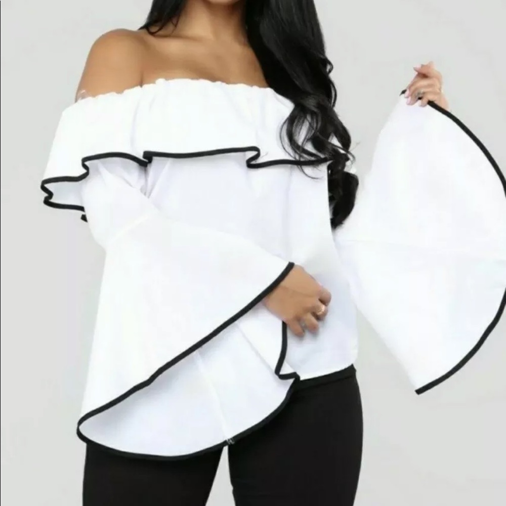 Style Mafia Blaze Off Shoulder White Black Crop Bell Sleeve Blouse Top L.